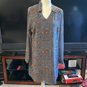 Sz M Cabi brown/blue floral pattern long sleeve dress w/cute collar detail